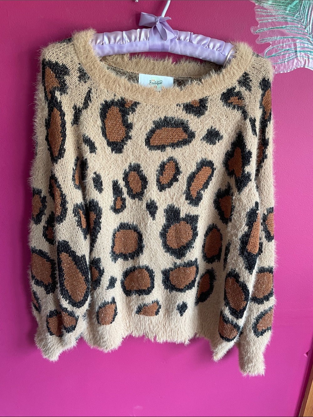 Cozy Leopard Print Fuzzy Sweater - Beige/Tan